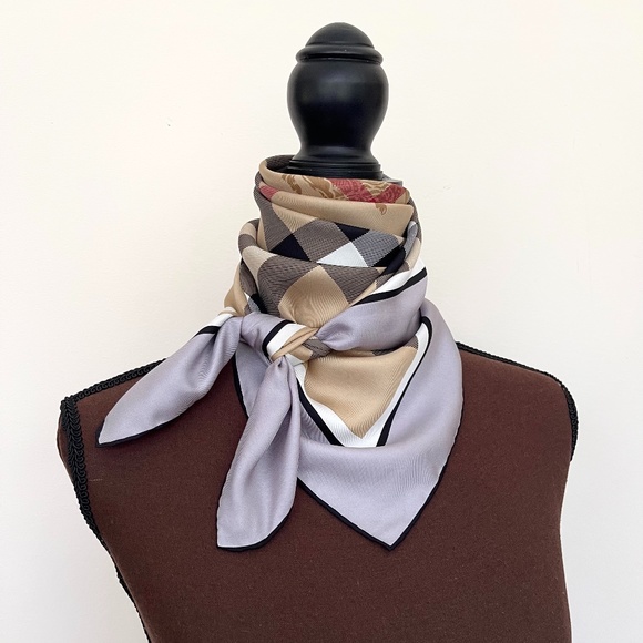 Burberry Scarf Beige Check Gray Border Silk Wrap - Picture 10 of 13